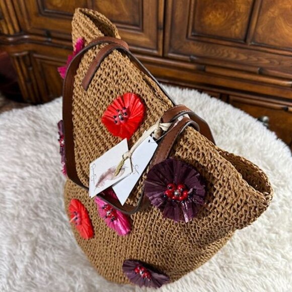 Jessica Simpson Raffia Straw 3D Beaded Floral Feather St. Pete Toast Pink Tote - Picture 8 of 16